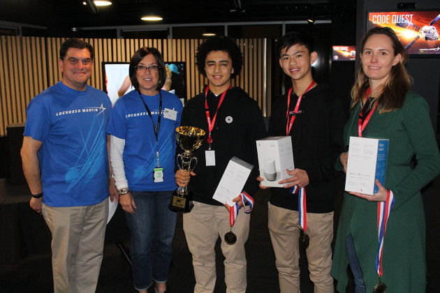 Vince Di Pietro and Leslie Pontillas of Lockheed Martin with winners Michael Malik and Joseph Tey and coach Dr Kyi Muller of Melbourne&rsquo;s Haileybury school. 
Lockheed Martin