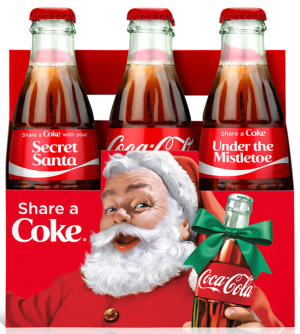 In the US, Coca-Cola's festive packaging encourages consumers to share a Coke with "Santa", "Someone Nice", "Someone Naughty", "Under the Mistletoe", "Elves", "Secret Santa" and "Mrs. Claus".
