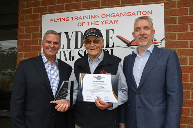 Roger Merridew (centre) holds his Col Pay Award presented to him by CASA's Rob Walker (left) and Don Love from the Australian Division of the Royal Aeronautical Society (right). Steve Hitchen