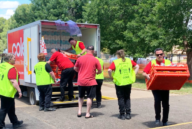 Coles delivered more than 7,500 essential groceries and sanitary products to the evacuation centre at Forbes High School, as well as provided hampers to residents of Eugowra. Image: Coles Group