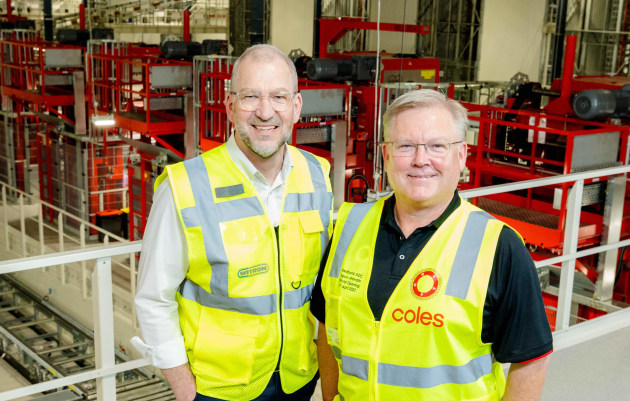 WITRON Logistik + Informatik CEO Helmut Prieschenk with outgoing Coles CEO Steven Cain.
The opening of Coles&rsquo; Automated Distribution Centre (ADC) in Redbank, south-west of Brisbane, is one of the most significant moments in the company&rsquo;s 109-year history and five years in the making, CEO Steven Cain says.