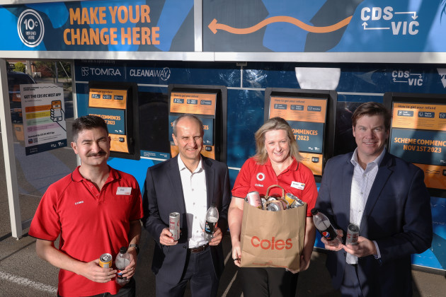 L-R: Dave Evans, Coles business category manager Beverages; Markus Fravel, TOMRA Cleanaway director; Brooke Donnelly, Coles GM Sustainability; and James Dorney, TOMRA Cleanaway CEO.