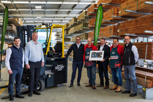 Marking the milestone (l-r): Lindsay Whiffen, CEO, Adaptalift Group;
Adam Duncan, GM Sales Adaptalift; Jarrod Emmins, national major account manager, Adaptalift Group; Darren Dyer, head of procurement and supply, Bunnings; Martin McVicar, MD, Combilift
Andrew Tully, procurement and supply manager Bunnings;
Chris Littlewood, country manager &ndash; Australia, Combilift.