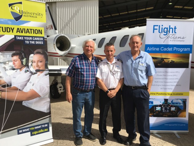 Left to right: Flight Options Managing Director Steve Padgett, Head of Operations Tim Holland and CQU's Dr Mike Malouf. (Flight Options)