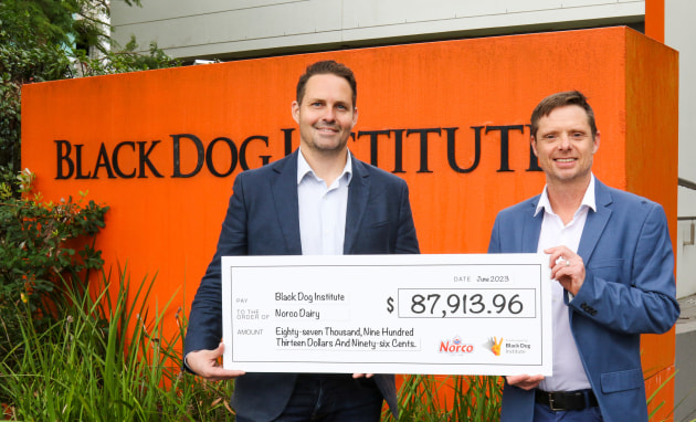 Norco general manager of commercial and strategy Ben Menzies and Black Dog Institute head of partnerships Tasman Cassim.