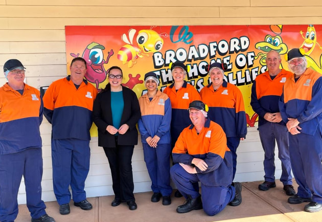 Minister for regional development Harriet Shing, pictured with team mambers at the Broadford factory. Image: Nestl&eacute;