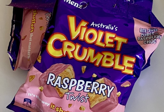 Menz has put a bite-sized, raspberry spin on Violet Crumble.
Image: Menz