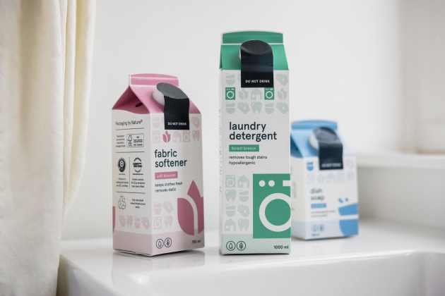 Elopak cartons show lower carbon footprint than plastic pouches for detergent refills.