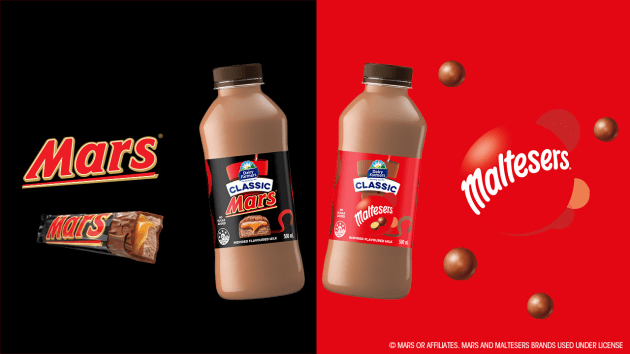 The confectionery brand has incorporated the taste of its iconic Mars bars and Maltesers chocolates into new flavours of Big M and Dairy Farmers fresh Australian milk.
Source: Bega Group