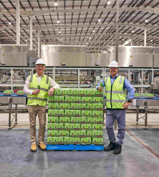 L-R: Suntory Global Spirits Oceania managing director, Mark Hill, and Suntory Beverage & Food Oceania CEO, Darren Fullerton, at the commissioning of the Ipswich multi-beverage manufacturing plant. (Image: Suntory Oceania)