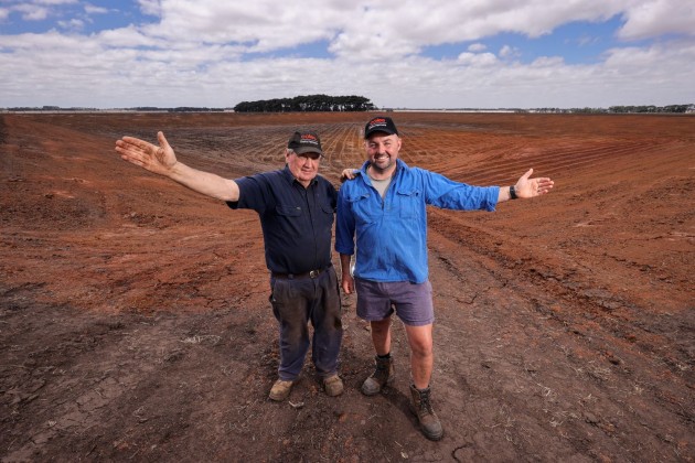 Coles dairy farmers David Parkinson and son Daniel Parkinson have begun constructing a 100ML mega dam on one of their Victorian dairy farms, supported by the Dairy Farm Sustainability Accelerator Fund. Image: Coles