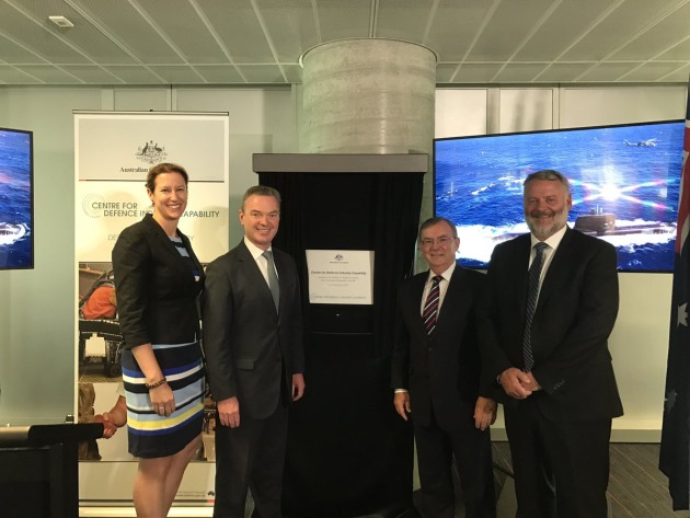 The Minister for Defence Industry, Christopher Pyne, is joined by the then First Assistant Secretary Defence Industry Policy,
Kate Louis, and the Co-Chairs for the Centre for Defence Industry Capability, Paul Johnson and Kim Gillis, at the launch
of the CDIC and Defence Innovation Hub in Adelaide. Credit: Chris Pyne via Twitter