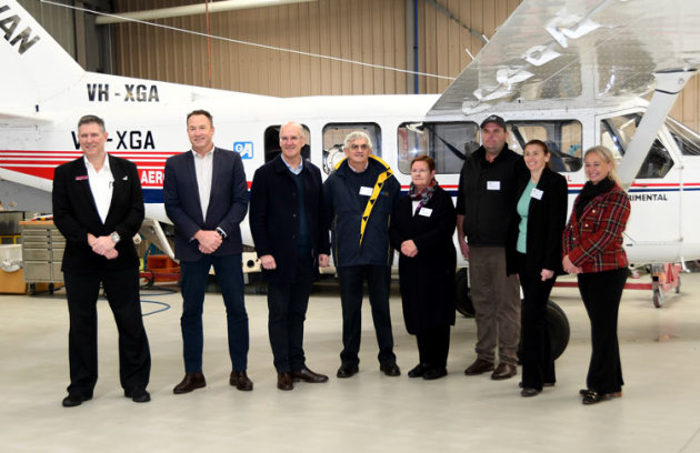L-R: Latrobe City Councillor Darren Howe, State Member for Morwell Martin Cameron, State Member for Gippsland South and Leader of the Nationals Danny O'Brien, George Morgan, Marguerite Morgan, David Morgan, Sarah Morgan and Latrobe City Councillor Leanne Potter in front of GippsAero's GA8 test airframe. (Steve Hitchen)