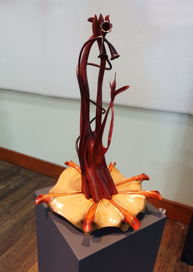 Donald Harvison, The Essence of Spring, red cedar, Norfolk Island pine. "My piece depicts a hummingbird about to taste the sweet nectar of its favourite flower being the blossom of the red trumpet vine. Nestled above the flowers amongst entwined leaves rests a busy young butterfly. With this sculpture I have created some realism using different shades of a particular wood stain. My carvings follow the natural flow of the timber's grain and shapes to produce a gentle and artistically flowing sculpture with distinct wildlife forms emerging from the sculptured lines and spaces."