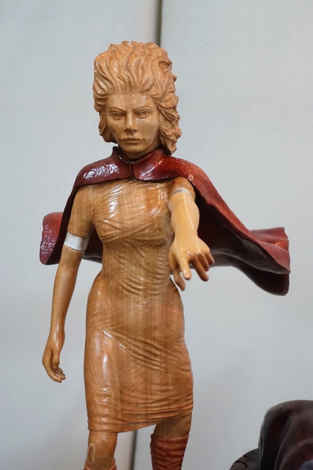 Donald Powell, The Lady and the Panther, walnut, white beech, silver.
"Thinking about Cleopatra and the lions and about the huntress Diana  inspired me to this project. Carving faces,figures and animals is my speciality and added to this is a particularly vivid imagination which I strive to bring to life in my work. I see The Lady and  the Panther as a sensual figure commanding  a graceful and powerful animal.