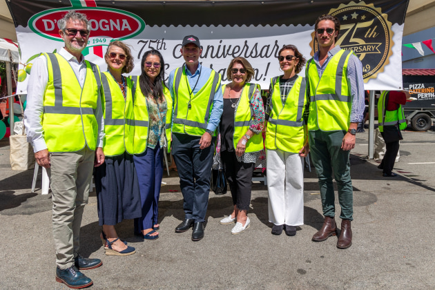 D&rsquo;Orsogna&rsquo;s 75th anniversary celebration at its Palmyra, WA headquarters. Pictured left to right: Board member Marco D'Orsogna, Eleonora Kailis, Loreta D'Orsogna Valentini, MD Jason Craig, Tina D&rsquo;Orsogna, Marisa D'Orsogna and board member Giorgio DiGiulio.