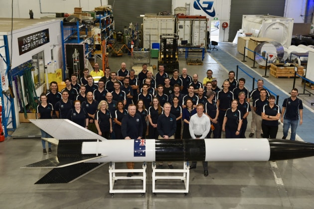 Deputy Premier and Minister for State Development Steven Miles with the Gilmour Space team in Gold Coast, QLD. (Supplied)