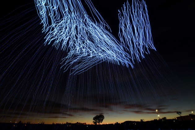 A swarm of over 500 drones illuminates the sky over Travis Air Force Base, California.
US Dep Defense
