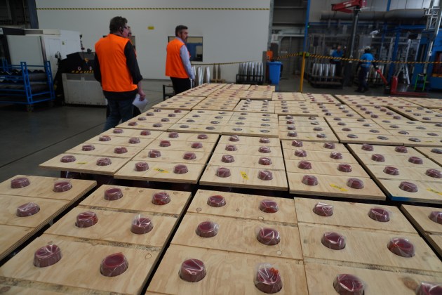 The finished product - Australian made 155mm shells, painted and packaged for shipment to Europe for explosives filling and perhaps use in Ukraine. 

Credit: Max Blenkin