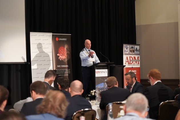 Air Commodore Nick Hogan, Director General &ndash; Space Domain Review, RAAF, giving his keynote address. (ADM/Roya Ghodsi)