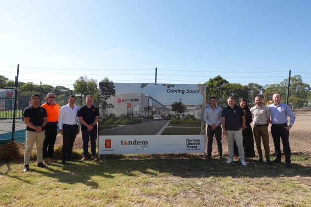 Representatives from Kongsberg Defence Australia, Tandem Building Group, Section Six Architects and Norman Disney Young on the KONGSBERG site. (Kongsberg)