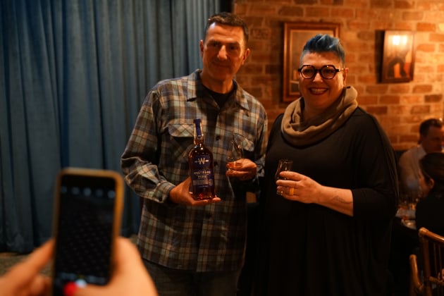 Thomas Mooney, Founder & CEO, Westward Whiskey and Kim Berry, editor of Food & Drink Business in Sydney to launch Westward's limited edition Westward Oregon Pinot Noir Cask Finish.