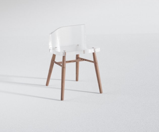 Duncan Young & Noah Hartley, CastChair, 2022, cast glass/timber (A.melanoxylon), 480 x 420 x 715 mm.