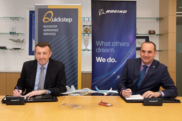 Quickstep CEO and MD, Mark Burgess and Boeing Defence Australia VP and MD, Scott Carpendale signing the Asset Purchase Agreement. (Quickstep)