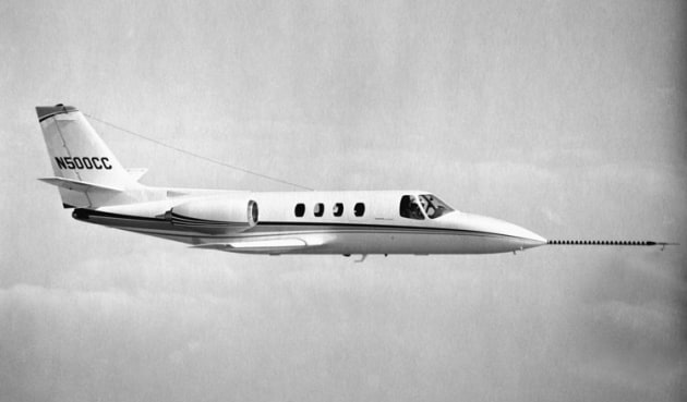 An early Citation jet, possibly taken on the inaugural flight from the Cessna 421 chase plane. (Textron Aviation)