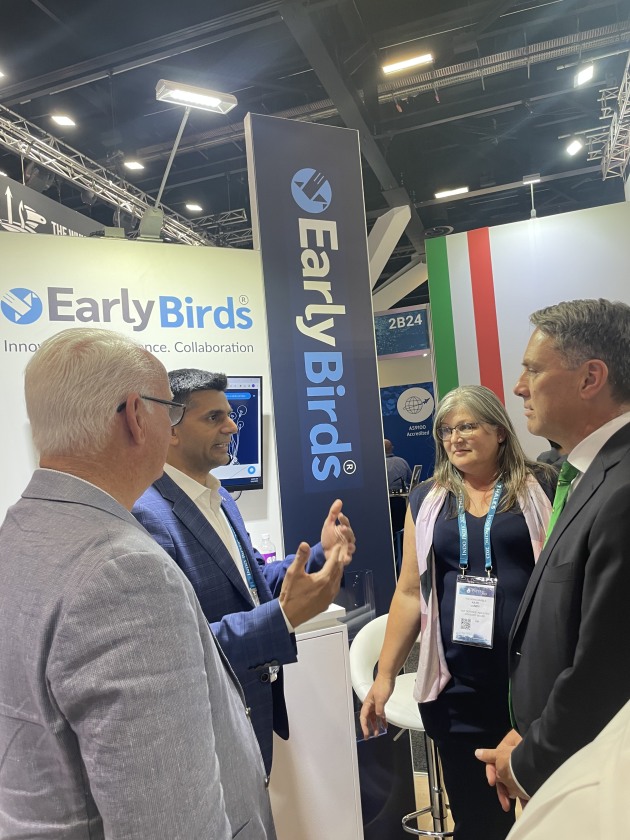 EarlyBirds Chief Operating Officer and co-founder Jeff Penrose; CEO and co-founder Kris Poria, ACT defence ambassador and former Senator Kate Lundy; and Deputy PM and Defence Minister Richard Marles at Indo Pacific 23.
Credit: Max Blenkin