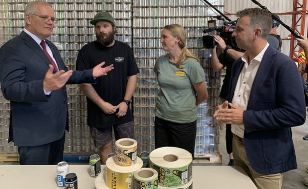 Campaign trail: At East Coast Canning (l-r) prime minister Scott Morrison; owner Chris Kelly; company HR manager Mel, and Andrew Constance