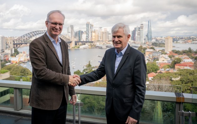 UGL Managing Director Doug Moss, left, meets in Sydney with ECA Group&rsquo;s Vice-President of Strategic Programs Daniel Scourzic. (Supplied)