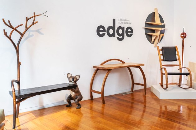 From left to right: Alby Johnston&rsquo;s Black Forest; Chris Neal&rsquo;s Hamilton Console; David Mac Laren&rsquo;s wall mounted sculptural shelves; Phoebe Everill&rsquo;s Drummond Rocking Chair. Photo: Julijana Griffiths