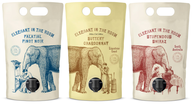 PIDA 2024 finalist Beverage Packaging Design &ndash; Elephant in the Room 1.5L Bagnum Range: Fourth Wave Wine & Auspouch