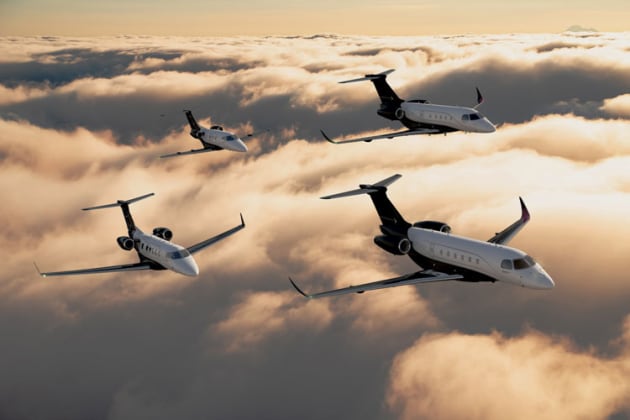 Embraer's range of executive jets, with the Praetor 600 and 500 (right) leading the smaller Phenom 300 and 100 (left). (Embraer Executive Jets)