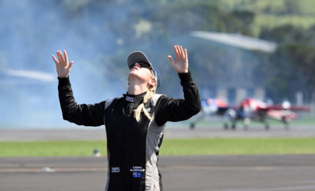 MHR's Emma McDonald runs through her aerobatic routine on the ground. (Steve Hitchen)