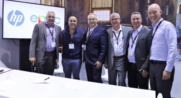 50 press order: (l-r), Steve Powers, HP; Virag Patel, ePac; with HP&rsquo;s Haim Levit, Jim Runyeon, Noam Zilbershtain and Oran Sokol