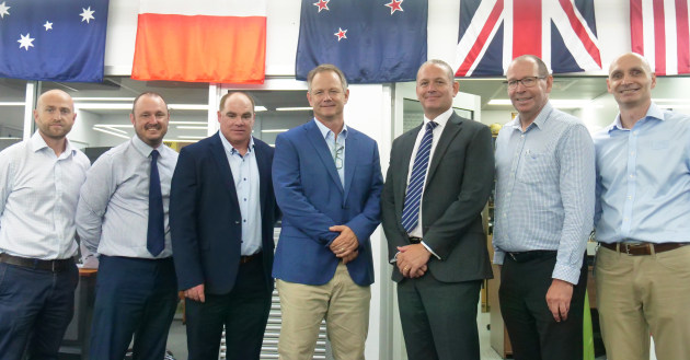 (Photo: L to R) Rob Edye, Director of Operations, EPE; Ben Lehmann, Program Director, EWIS &ndash; Land System Program Office; Matt Turtle, Product Sustainment Manager, EWIS &ndash; Land System Program Office; Warwick Penrose, Managing Director, EPE; Alex Rothwell,  Assistant Secretary, Electromagnetic Warfare and Intelligence Systems Branch; Ian Mascord, Chief Financial Officer, EPE; Stephen John, Project Manager, L154-2 WTI, EPE. (EPE)