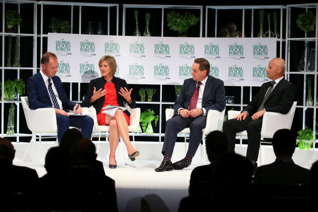 From left: The Australian's business editor Eric Johnston talks to AFGC CEO Tanya Barden, chairman of Clean Seas and Bundaberg Brewed Drinks Terry O'Brien, and Fonterra Australia MD Rene Dondecker.
(IMAGE: The Australian)