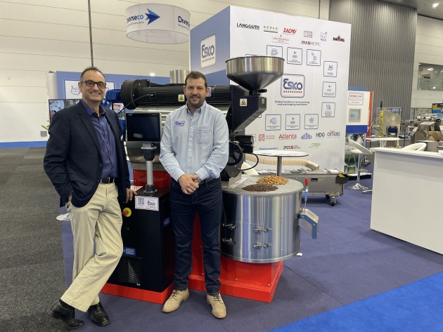 Esko's Paul Asciak and David Gearing with the IMA coffee roaster that was a huge drawcard on the stand.