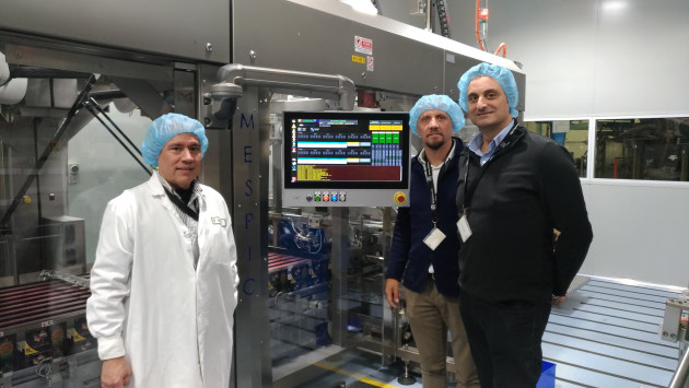 FreshFoods factory manager Ramon Alvarez, Mespic owner Fabio Garavini, and Esko technical sales manager Paul Asciak in the newly automated factory.