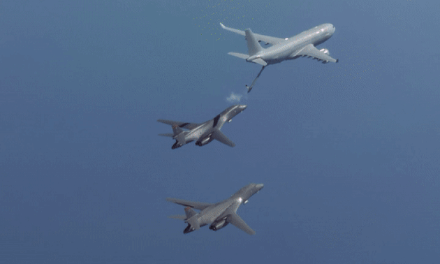 The KC-30A crews used their aircraft&rsquo;s Advanced Refuelling Boom System to &lsquo;plug in&rsquo; with the B-1B&rsquo;s nose-mounted fuel receptacle. (Defence)