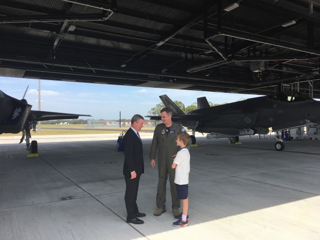 Minister for Defence Christopher Pyne speaks with serving and aspiring F-35 pilots. Credit: Ewen Levick