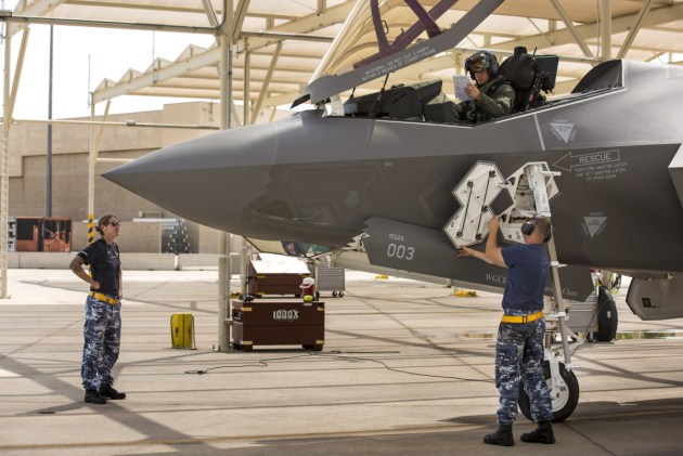 RAAF maintainers Sergeant Brooke Saunders and David Thomson work on the Australian F-35A Joint Strike Fighter flight line at Luke Air Force Base, Arizona.
Defence