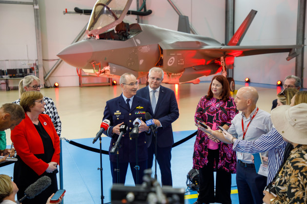 Chief of Air Force Air Marshal Mel Hupfeld answers media enquiries during the official ceremony.
Defence