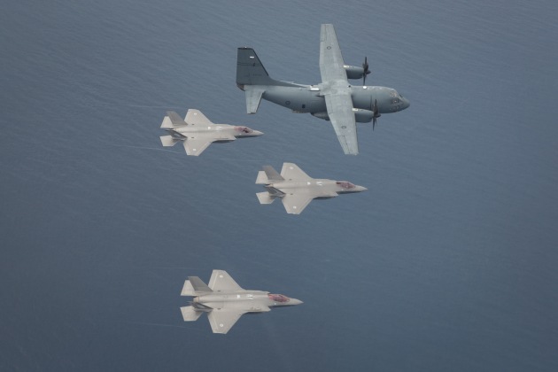F-35 Lightning II aircraft from RAAF Base Williamtown fly in formation off the coast of Newcastle.
Defence