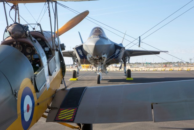 A 1939 RAF DH Tiger Moth and an Air Force F-35A Lightning II on the flight line at RAAF Base Edinburgh.
Defence