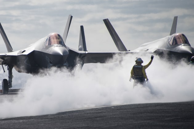 Sailors direct an F-35C Lightning II on the flight deck of the aircraft carrier USS Carl Vinson.
Ethan Soto