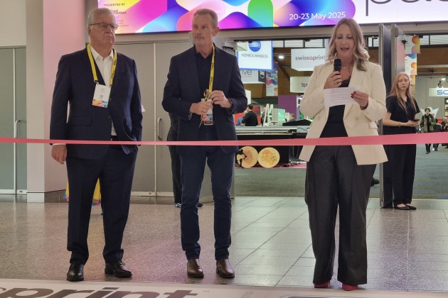 PacPrint opens: (l-r) Kevin Pidgeon, VMA; Mitch Mulligan, Visual Connections; and Kirsten Taylor, Taylor'd Press