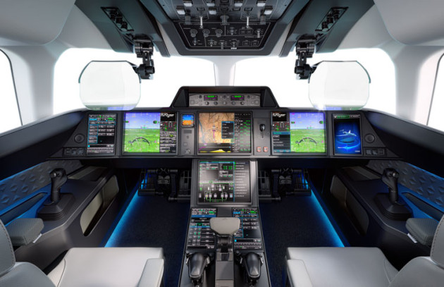 Falcon 10X cockpit showing the HUD screens and Smart Throttle. (Dassault Aviation)